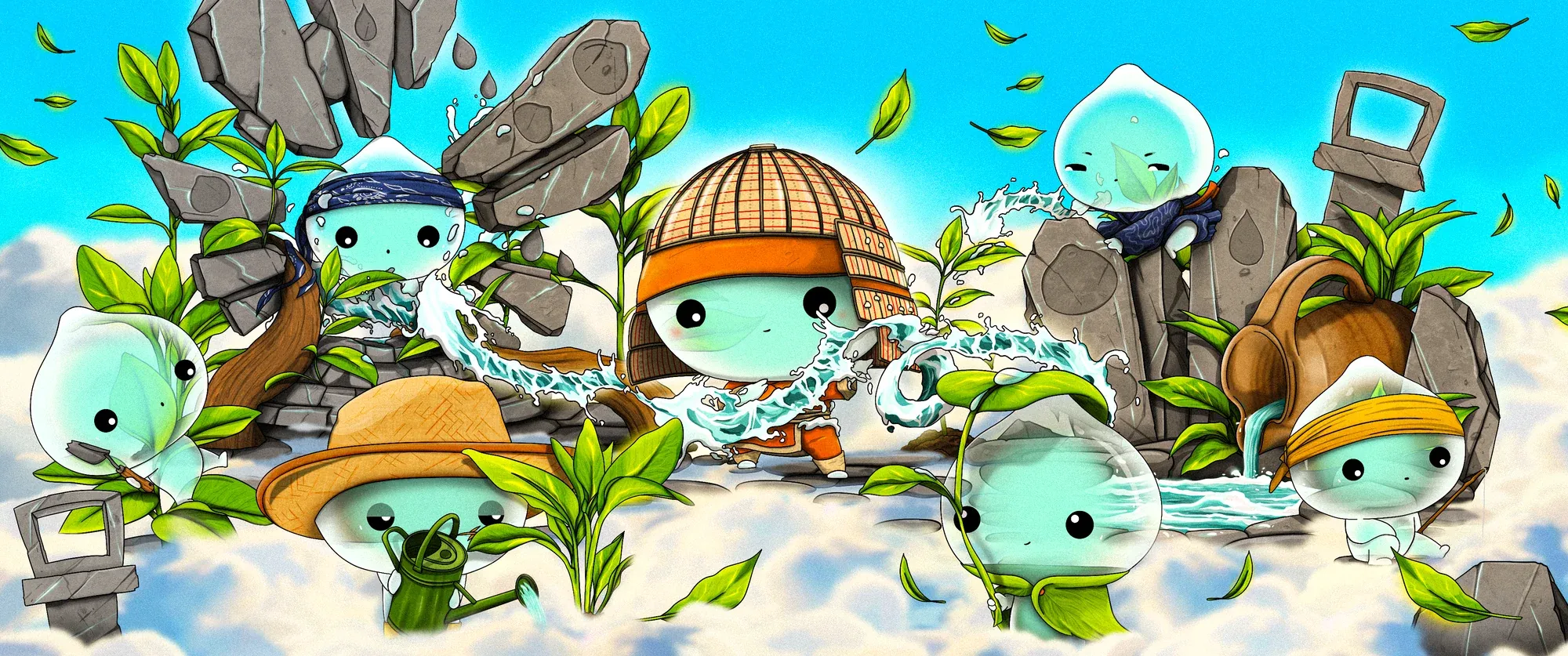 PiP and friends among rocks and fresh leaves, splashing water